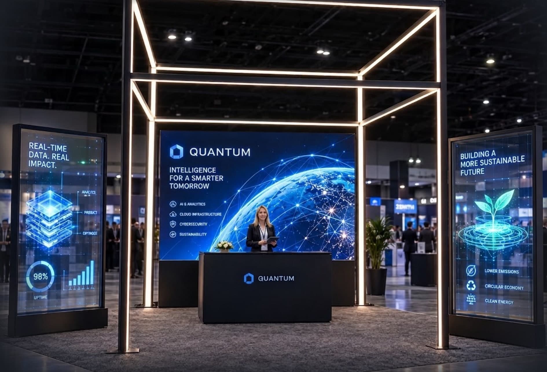 A Radius 80 illuminated extrusion frame over a trade-show booth, with transparent posters either side