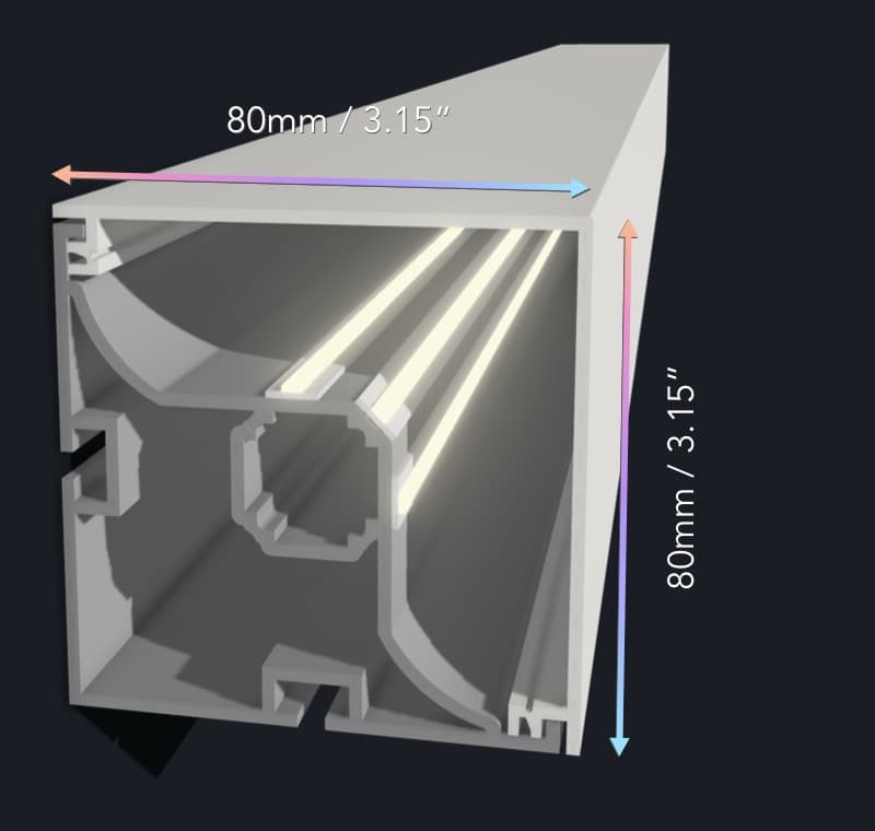 Radius 80 extrusion in section: 80 mm / 3.15 in by 80 mm / 3.15 in, with its three light channels