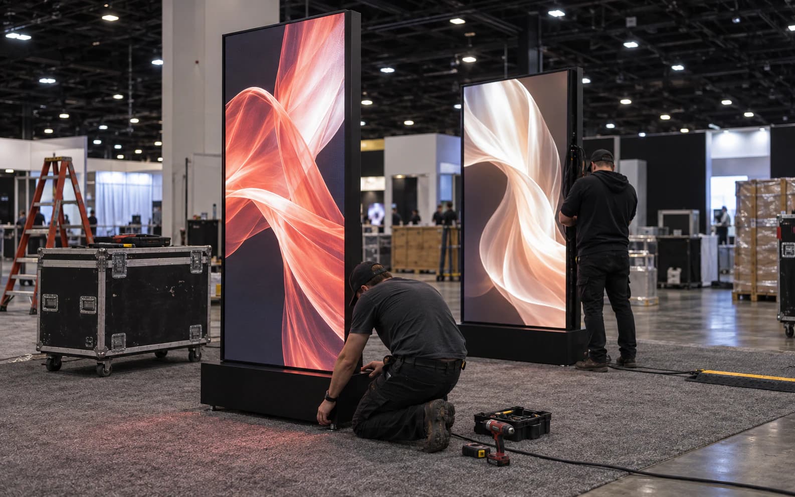 Event technicians leveling and connecting LED posters before a trade show opens