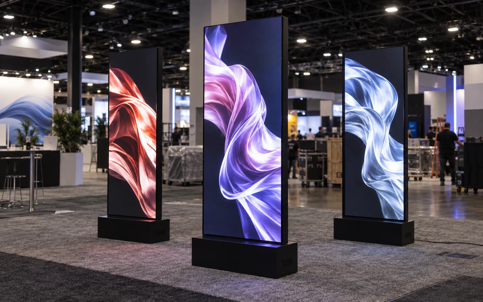 Freestanding Targa LED posters arranged across a trade-show booth