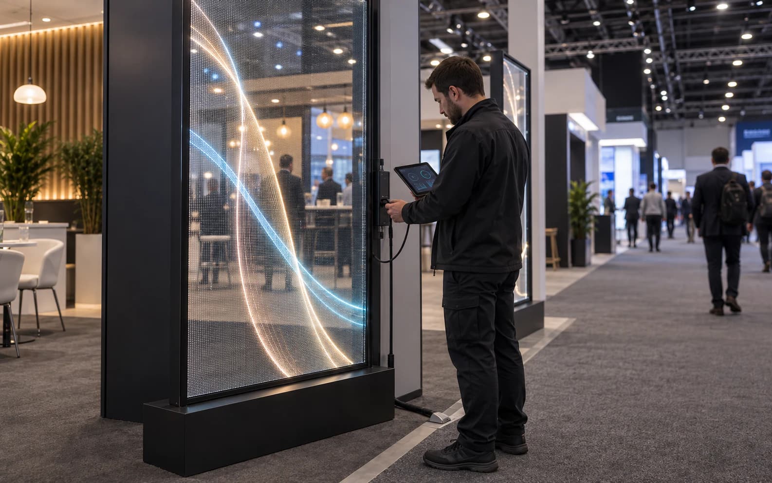 An on-site technician checking a transparent LED display during a live trade show