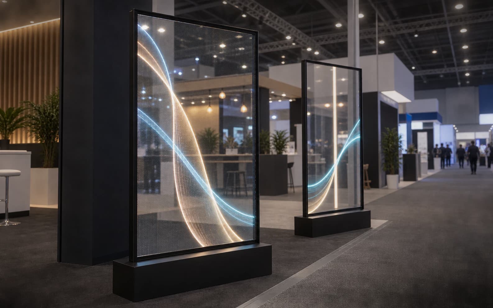 Transparent Lucen posters showing bright content while the booth remains visible through them