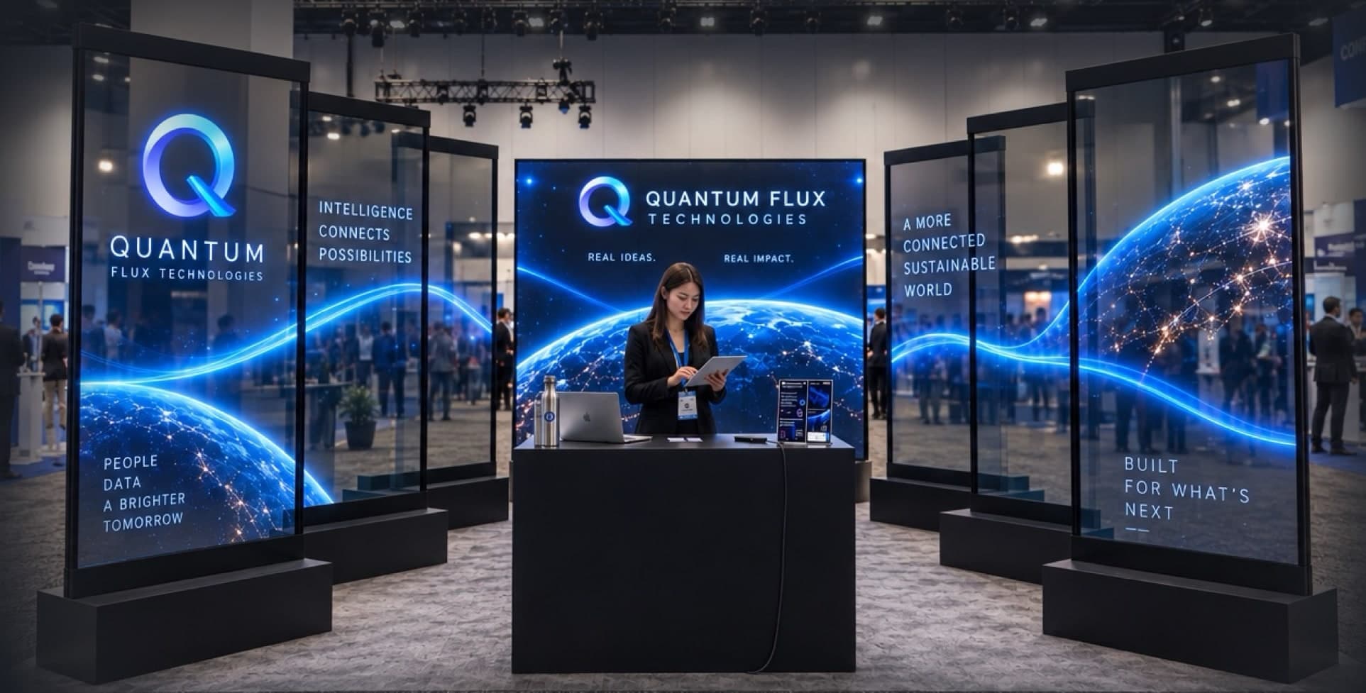 Lucen Foldable transparent posters arranged around a trade-show booth desk
