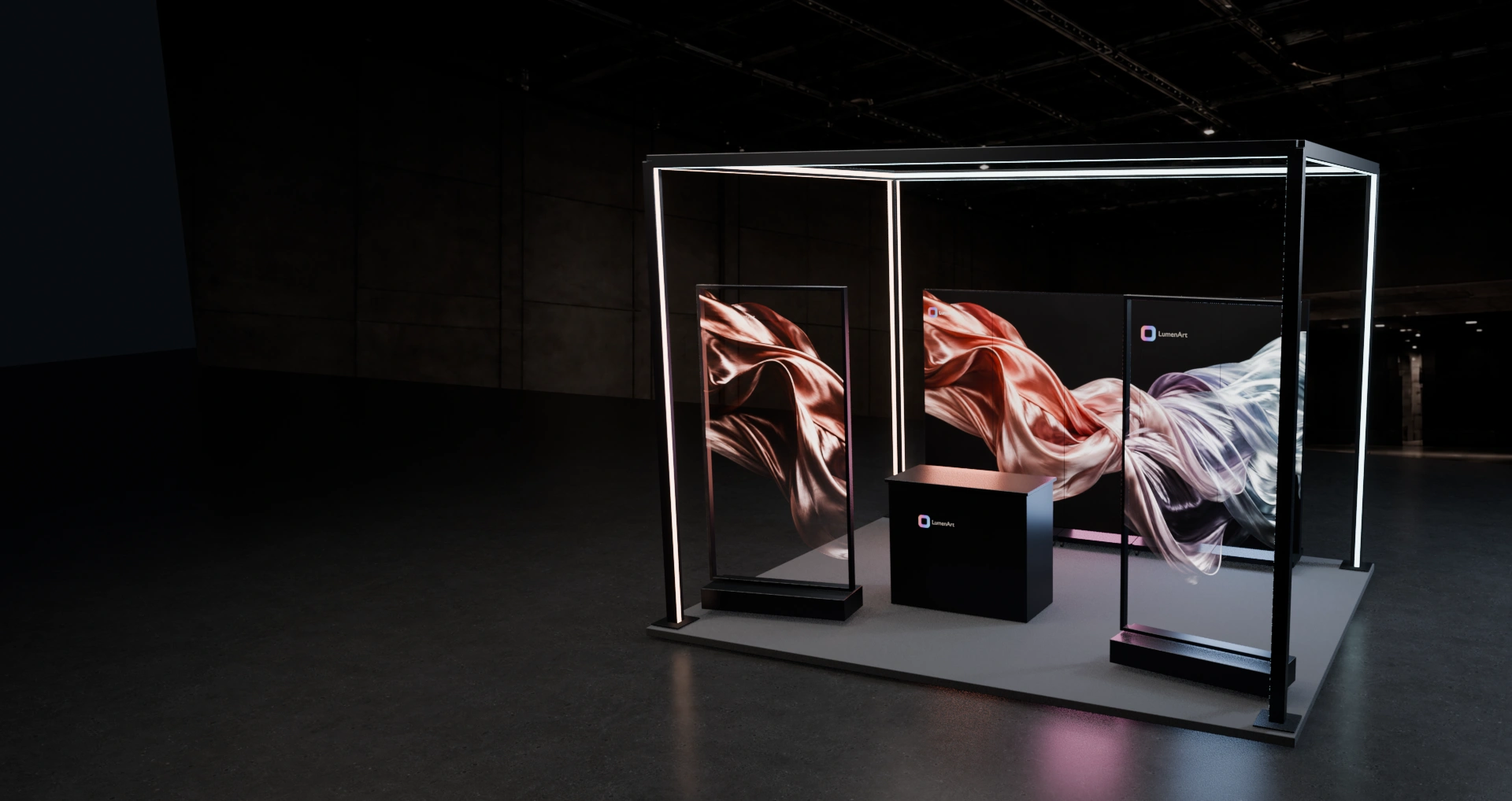 Targa LED posters and transparent Lucen posters beneath an illuminated Radius frame